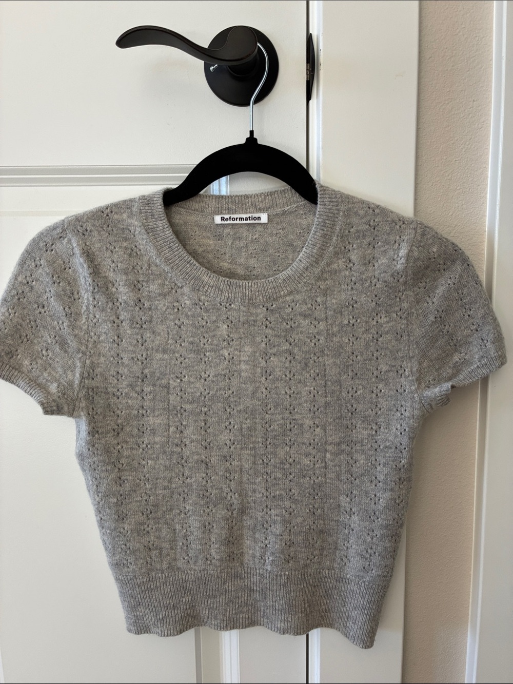 Reformation Cropped Heather Gray Open-Knit Short Sleeve Crew Sweater